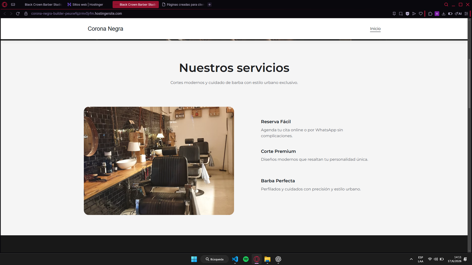 Sección de servicios en la página de Corona Negra