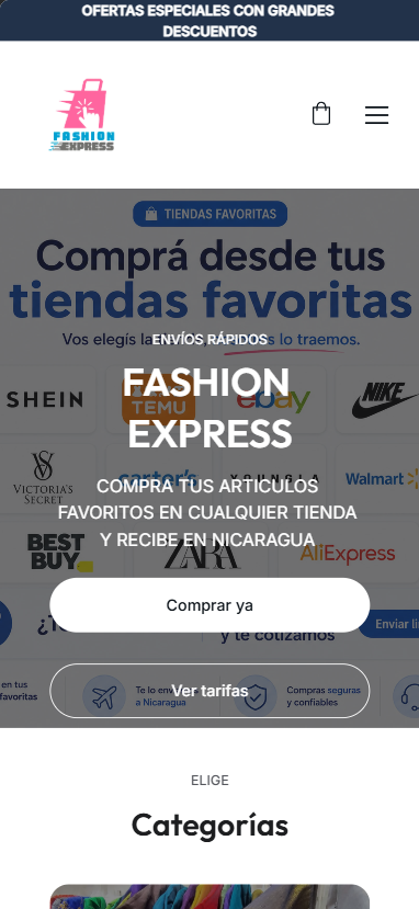 Página de inicio de Fashion Express en teléfono
