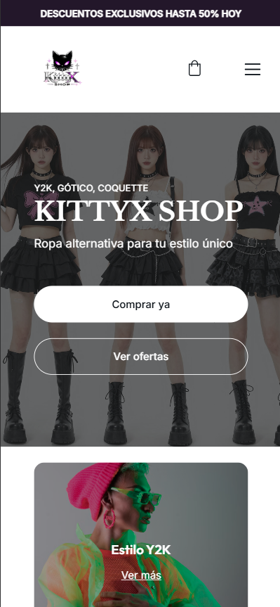 Página de inicio de Kittyx Shop en teléfono