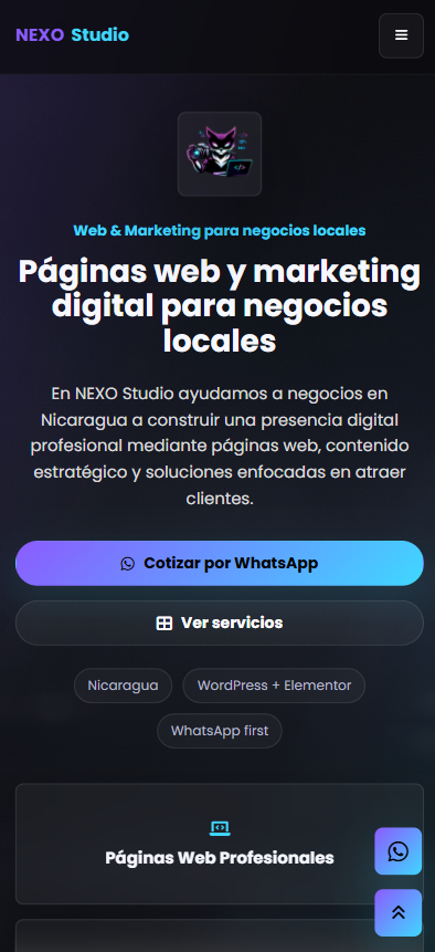 Página de inicio de NEXO Studio en teléfono