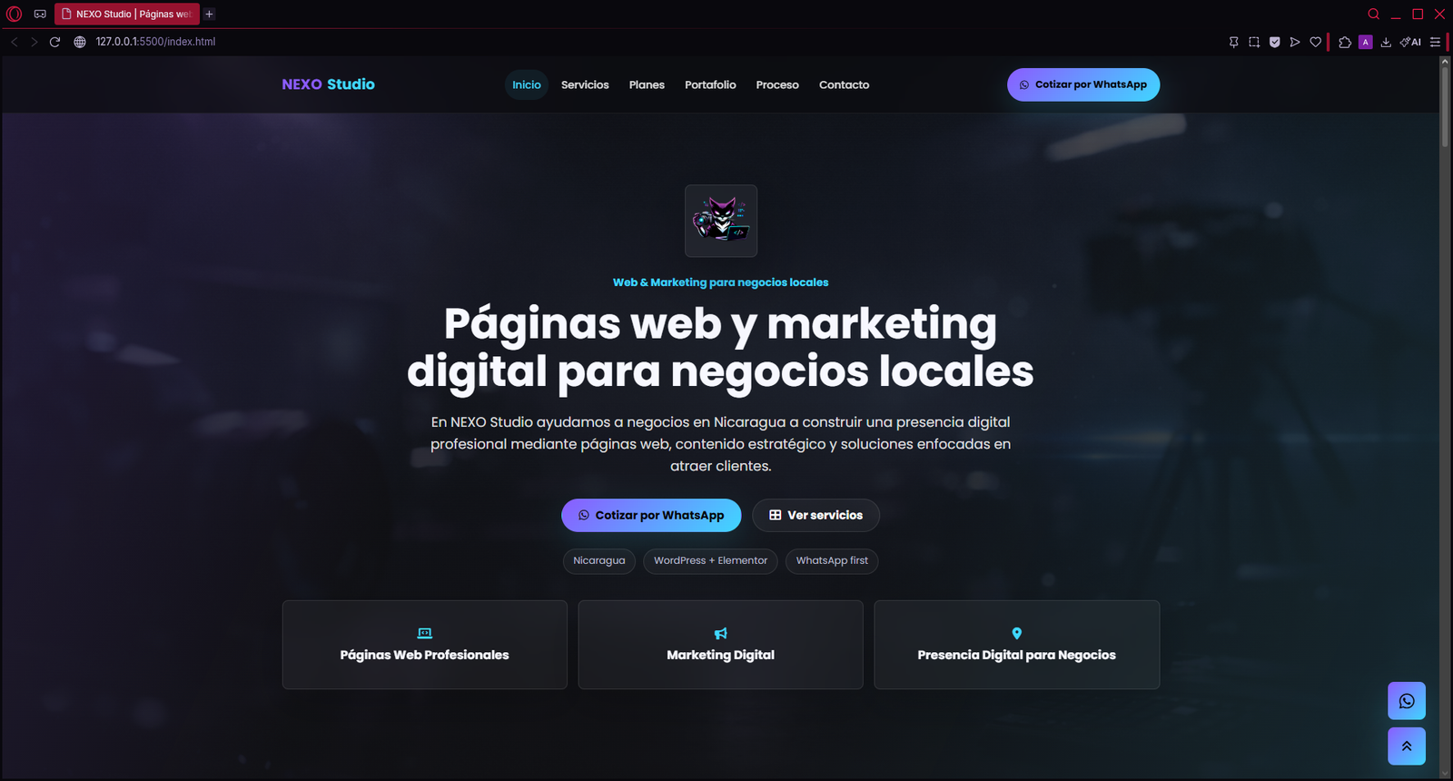 Página de inicio de NEXO Studio en computadora