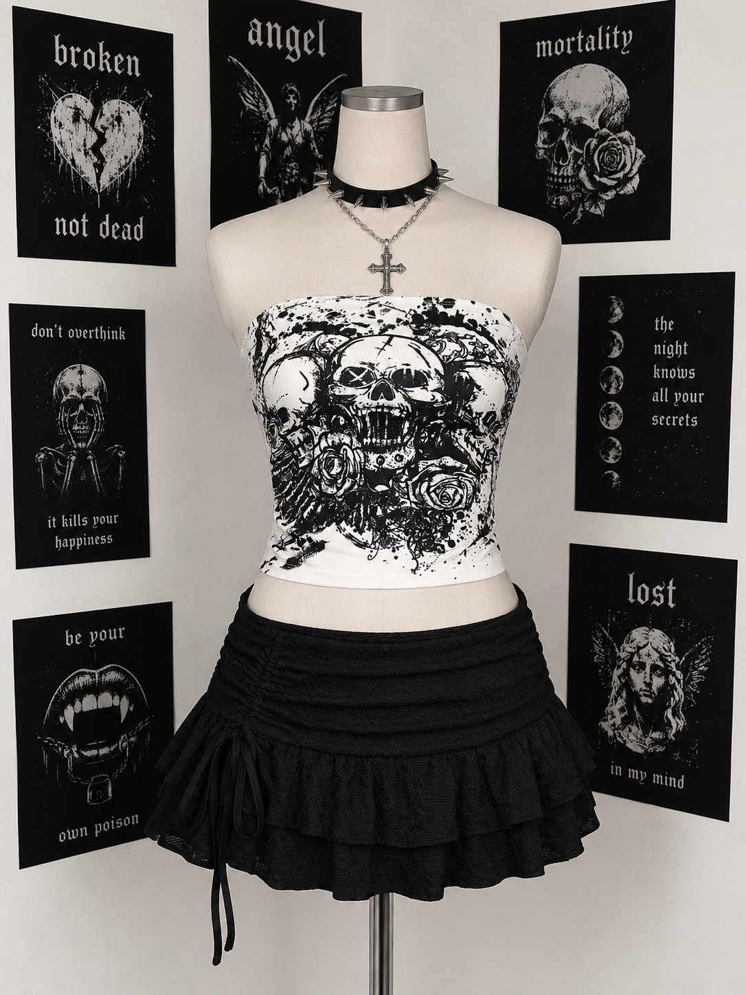 Fotografía de outfit blanco y oscuro para Kittyx Shop